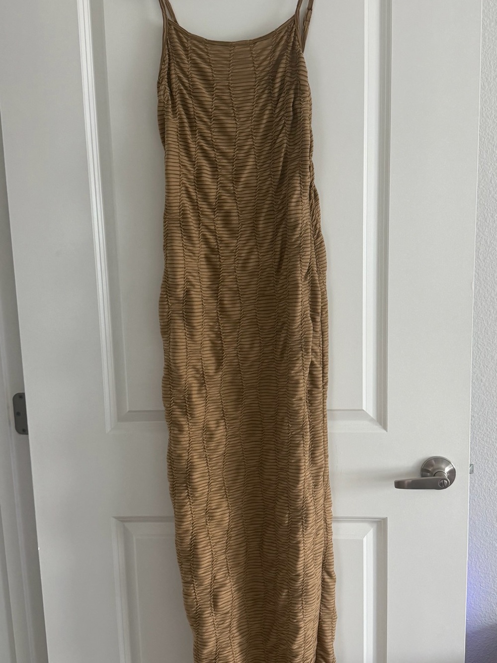Fashion Nova Tan Ruched Maxi Slip Dress